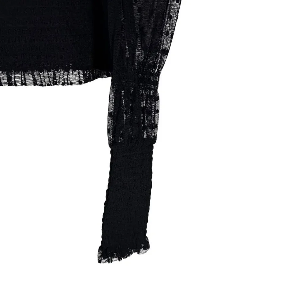 Intimately Free People Puckered Black‎ Crop Top Dotted Mesh Sleeves Sz M
